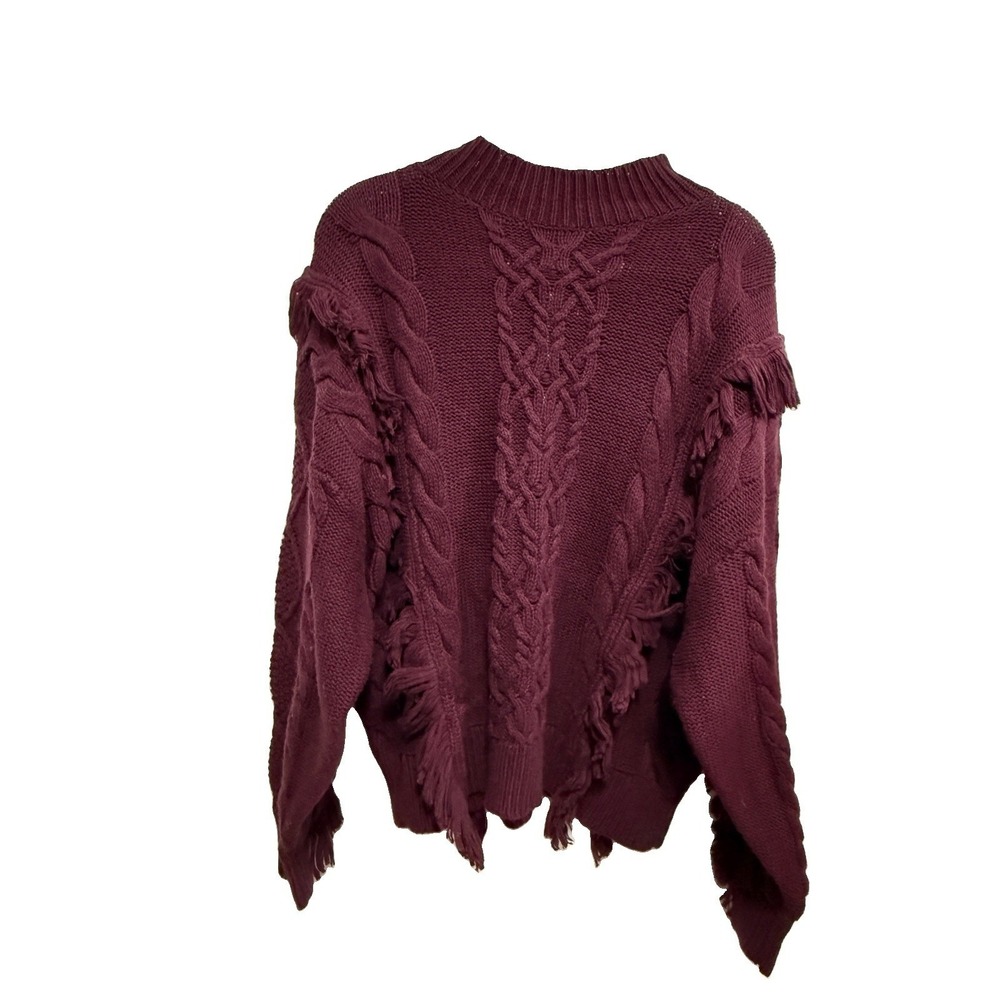 Leith Womens L Burgundy Cable Knit Ruffle Fringe Pullover Sweater NWT Crewneck